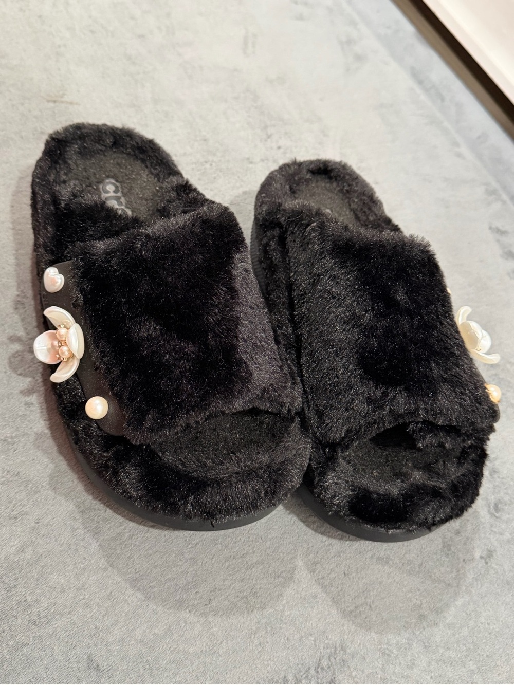 CROCS Black Faux Fur Slide Slippers with Pearl Floral Accents - Women